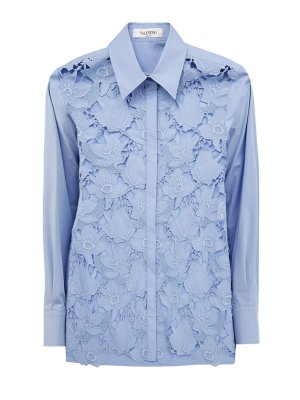 Удлиненная блуза из поплина с ажурной вышивкой VALENTINO. Цвет: голубой