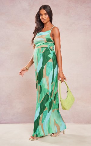 Зеленое плиссированное платье Midaxi для беременных с абстрактным принтом PrettyLittleThing