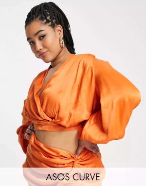 Пикантно-оранжевый атласный блузон с драпированными рукавами и открытой спиной ASOS