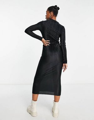 Черное плиссированное платье миди с длинными рукавами и поясом New Look