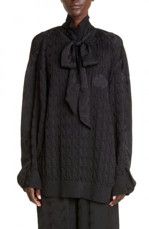 Гибридная шелковая рубашка с завязками и водолазка косой вязкой BALENCIAGA, черный Balenciaga