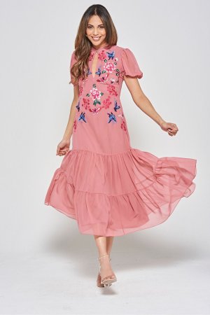 Розовое платье миди с вышивкой , розовый Frock and Frill