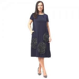 Платье нарядное праздничное из плотной ткани с коротким рукавом свободное А-силуэт карманами plus size (большие размеры) OL/2005038/3-66 OLS. Цвет: синий