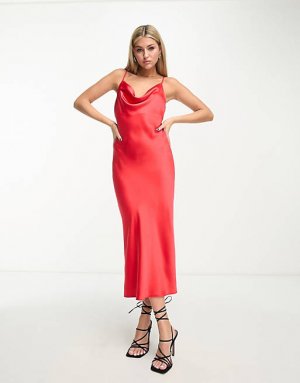 Красное атласное платье-комбинация с воротником-хомутом New Look
