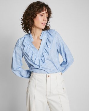 Женская блузка с полоской и рюшей на шее , синий Trucco