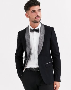 Черный приталенный пиджак-смокинг с серебристыми лацканами Avail London