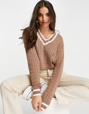 Светло-коричневый свитер с V-образным вырезом -Коричневый цвет Hollister