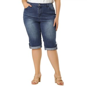 Женские джинсовые джинсы больших размеров, узкие шорты-капри длиной до колена с закатанным краем , светло-синий Agnes Orinda