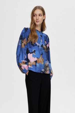Блуза с длинными рукавами и принтом, изготовленная из Lenzing Ecovero. , синий Selected Femme