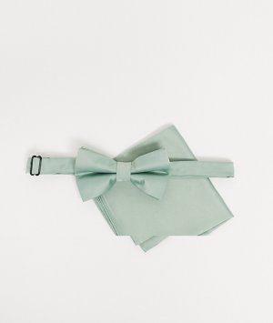 Шалфейно-зеленый атласный галстук-бабочка и платок для пиджака -Зеленый цвет ASOS DESIGN