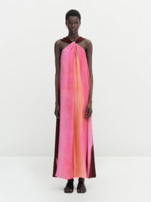 Длинное платье с разноцветным принтом , красный Massimo Dutti