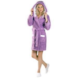 Халат укороченный, длинный рукав, капюшон, карманы, пояс, размер 40/42, фиолетовый S-Family. Цвет: сиреневый/фиолетовый