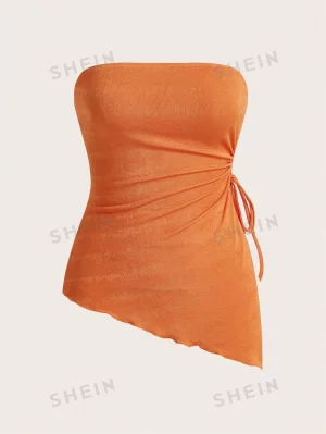MOD Вязаный женский асимметричный топ-бандо с завязками по бокам и неровным подолом, апельсин SHEIN