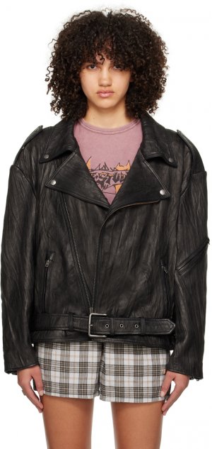 Черная кожаная жатая куртка , цвет Black Acne Studios