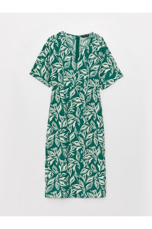 Женское платье с короткими рукавами и V-образным вырезом рисунком , зеленый LC Waikiki