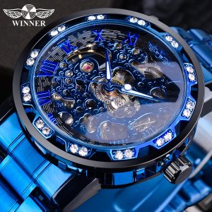 Часы, мужские модные повседневные классические поп-ажурные механические часы со стразами и ручным управлением WINNER