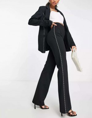 Черные брюки с расклешенной талией и жемчужной отделкой по бокам Miss Selfridge. Цвет: черный