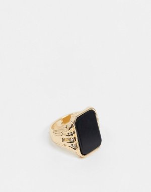 Золотистое кольцо-печатка с черным камнем квадратной формы -Золотой Chained & Able