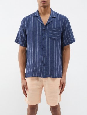 Льняная рубашка в тонкую полоску с кубинским воротником и короткими рукавами , синий Frescobol Carioca