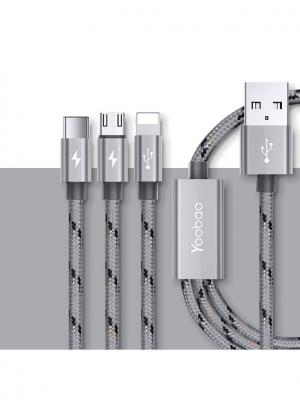 Универсальный кабель Micro-USB+Lightning+Type-C YB-453 120 см Yoobao. Цвет: серый