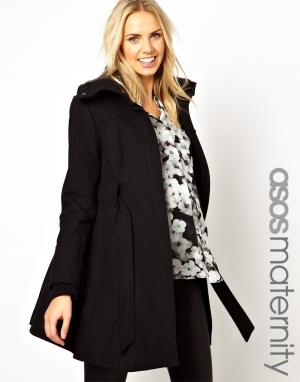 Приталенное пальто для беременных с воротником в рубчик ASOS Maternity. Цвет: черный