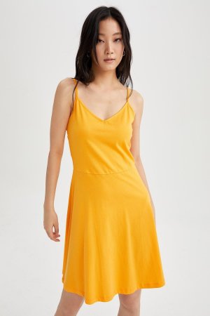 Летнее мини-платье из 100% хлопка с V-образным вырезом и бретельками , желтый DeFacto