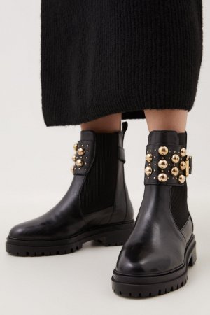 Кожаные ботинки челси с куполообразными заклепками и манжетами на щиколотке , черный Karen Millen