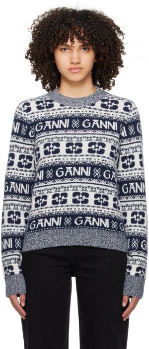 Бело-синий жаккардовый свитер Ganni
