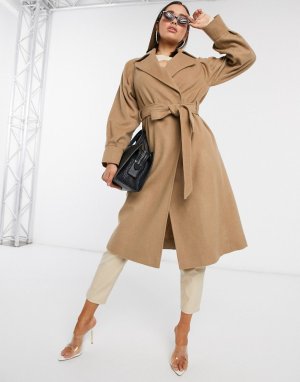 Бежевое строгое шерстяное пальто с поясом -Коричневый Helene Berman