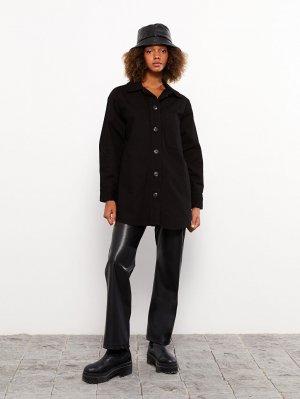 Прямая женская куртка-рубашка из габардина с длинными рукавами LCW Casual. Цвет: черный