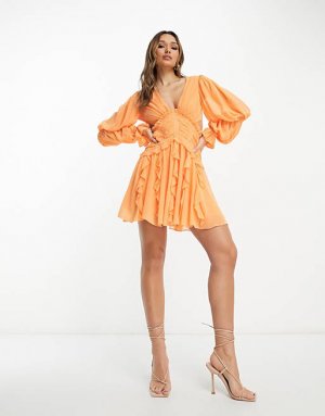 Оранжевое мини-платье с глубоким вырезом, сборками на талии, юбкой рюшами и открытой спиной ASOS DESIGN