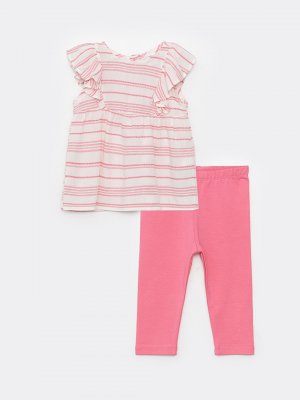 Полосатая блузка и колготки для маленьких девочек с круглым вырезом короткими рукавами, комплект из 2 предметов LCW baby