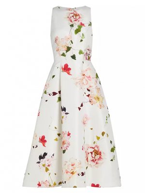 Платье миди без рукавов Faille с цветочным принтом , белый Monique Lhuillier