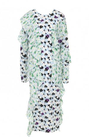 Платье-миди с цветочным принтом и плиссированными оборками Kenzo. Цвет: голубой