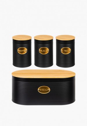 Набор контейнеров для хранения продуктов Elan Gallery 900 мл с бамбуковыми крышками и Хлебница 34х18х14 см бамбуковой крышкой. Цвет: черный