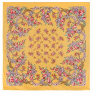 Платок ,146х146 см, красный, бордовый Павловопосадская платочная мануфактура. Цвет: желтый/розовый
