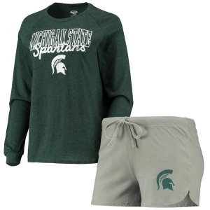 Женский комплект для сна, зеленый/серый, штат Мичиган, Spartans, футболка реглан с длинными рукавами и шорты Unbranded
