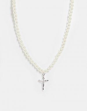 Жемчужное ожерелье с серебряной подвеской в виде креста -Серебристый Chained & Able