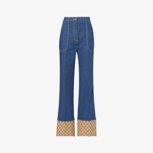 Расклешенные джинсы прямого кроя с высокой посадкой и манжетами монограммой , синий Gucci