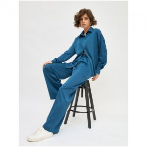 Костюм , рубашка и брюки, повседневный стиль, оверсайз, карманы, размер 46, бирюзовый Olya Stoforandova. Цвет: бирюзовый