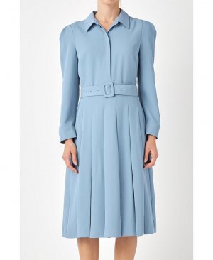 Женское миди-платье со складками и воротником с длинными рукавами , синий English Factory