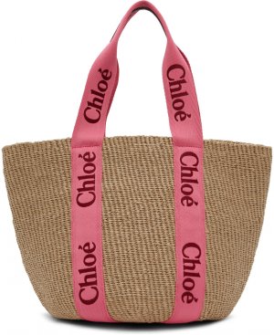 Большая деревянная сумка-тоут Mifuko Edition бежевого и красного цвета Chloe Chloé