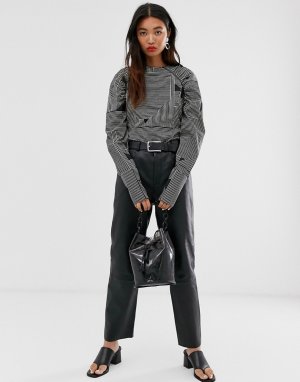 Кожаные брюки прямого кроя с завышенной талией Femme-Черный Selected