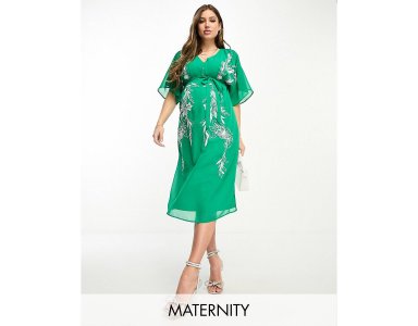 Зеленое платье миди с глубоким вырезом и вышивкой Hope & Ivy Maternity