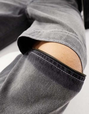 Стираные черные джинсы с экстремально широкими штанинами и молниями на коленях ASOS