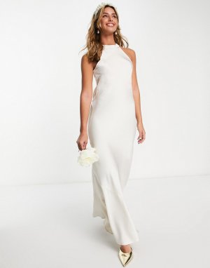 Атласное свадебное платье кремового цвета с завязкой на шее Bridal-Белый Vila