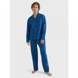 Пижама, брюки, рубашка, пояс на резинке, трикотажная, размер L / 180 см (рост), синий TOMMY HILFIGER. Цвет: синий