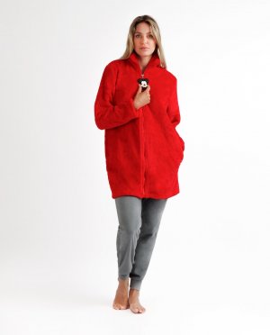 Теплый женский халат с длинными рукавами и застежкой-молнией красного цвета , красный Disney