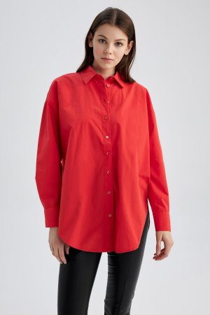 Туника из 100 % хлопка поплина с длинными рукавами и воротником-рубашкой оверсайз , красный DeFacto