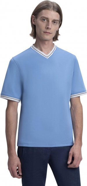 Рубашка с короткими рукавами и V-образным вырезом из хлопка пима контрастной отделкой в ​​рубчик BUGATCHI, цвет Riviera Bugatchi